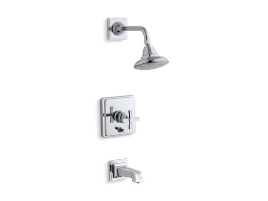 KOHLER Pinstripe K-T13133-3B-CP Polished Chrome Rite-Temp pressure-balancing bath and shower faucet trim with cross handle, valve not included