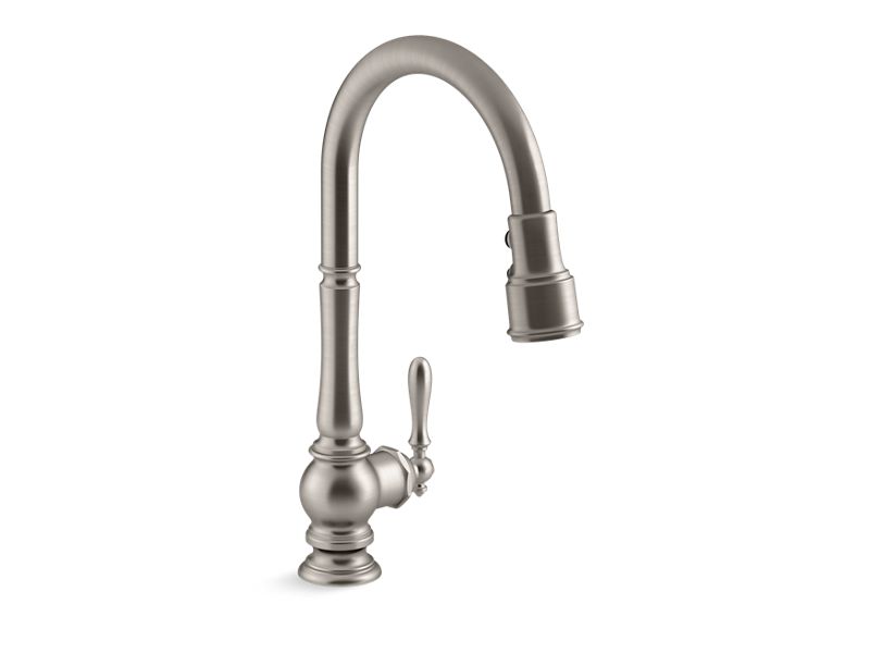 KOHLER K-99259-VS Vibrant Stainless Artifacts Pull-down kitchen sink faucet with three-function sprayhead