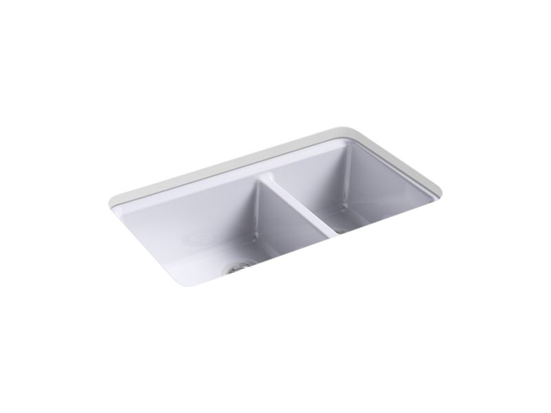 KOHLER K-8669-5UA3-GRL Riverby 33" x 22" x 9-5/8" undermount large/medium double-bowl workstation kitchen sink with accessories and 5 oversized faucet holes