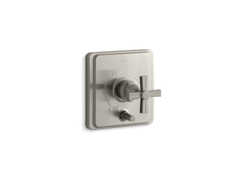 KOHLER K-T98757-3B-BN Pinstripe Rite-Temp(R) pressure-balancing valve trim with diverter and grooved cross handle, valve not included