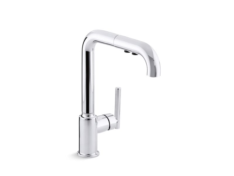 KOHLER K-7505-CP Polished Chrome Purist Pull-out kitchen sink faucet with three-function sprayhead