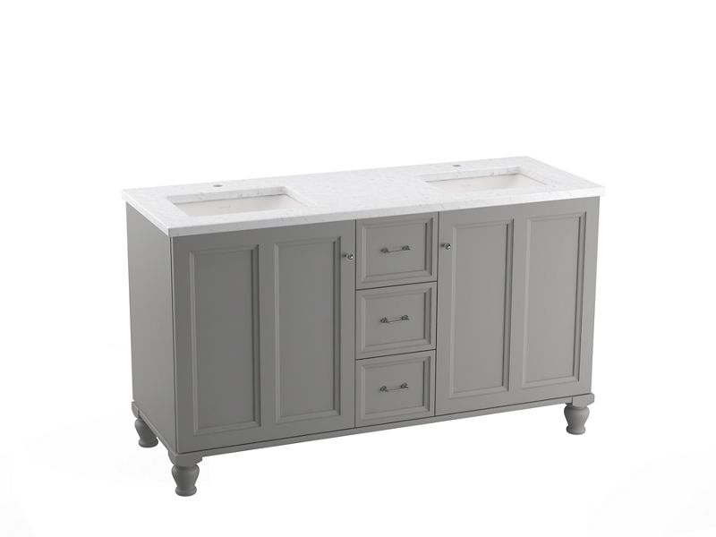 KOHLER K-CM99524-BD1-1WT Damask 60" Bathroom Vanity Cabinet With Sinks And Quartz Top In Mohair Grey
