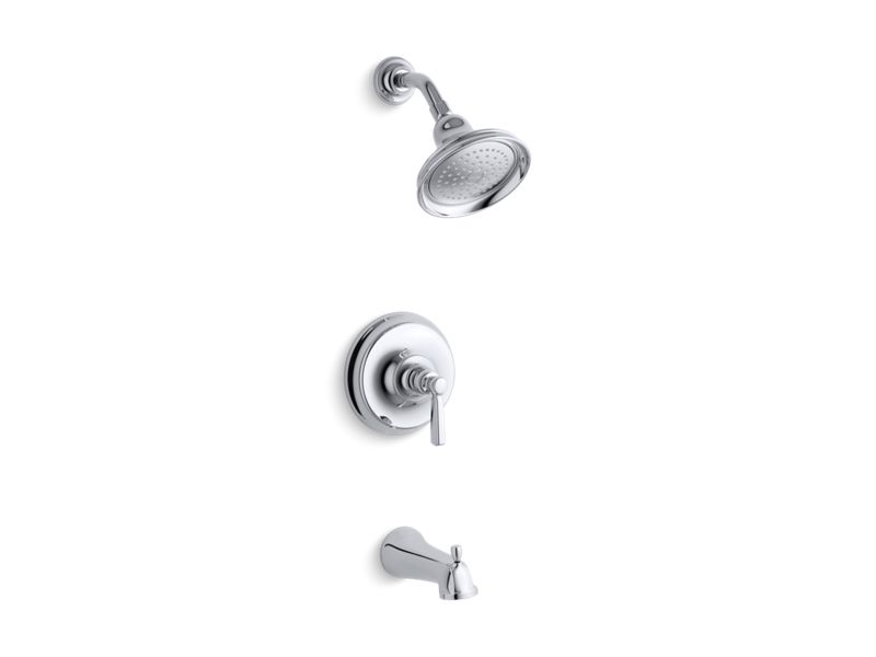KOHLER K-TS10582-4-CP Polished Chrome Bancroft Rite-Temp bath and shower valve trim with metal lever handle, slip-fit spout and 2.5 gpm showerhead
