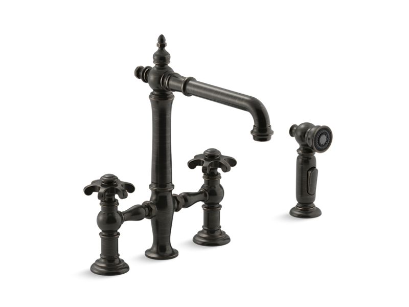 KOHLER K-76519-3M-2BZ Artifacts deck-mount bridge kitchen sink faucet with prong handles and sidespray