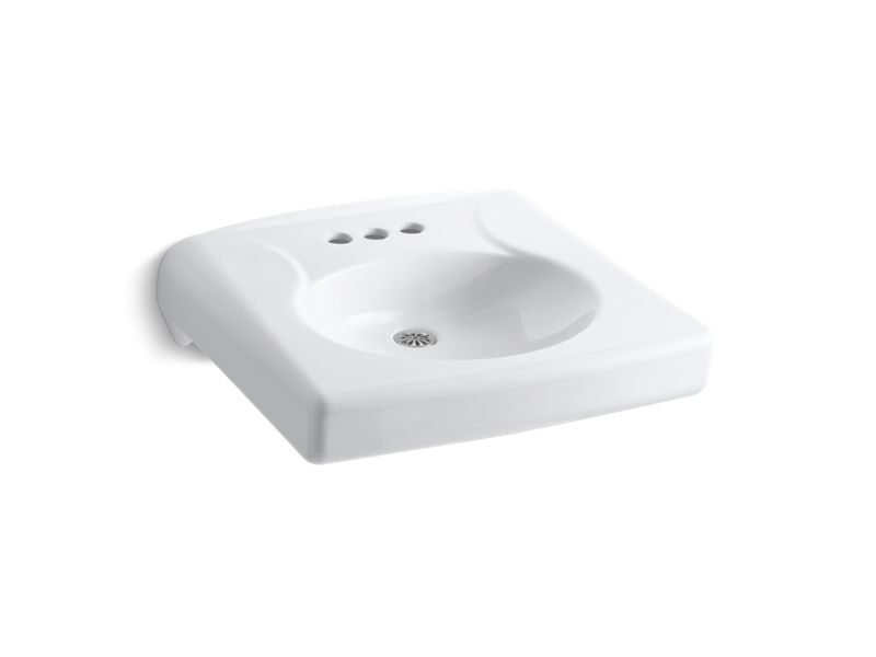 KOHLER K-1997-4N-0 White Brenham Wall-mount or concealed carrier arm mount commercial bathroom sink with 4" centerset faucet holes and no overflow