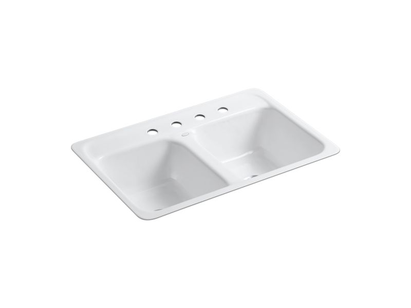KOHLER K-5950-4-0 Delafield 32" x 21" x 8-1/2" tile-in/metal frame double-equal kitchen sink with 4 faucet holes