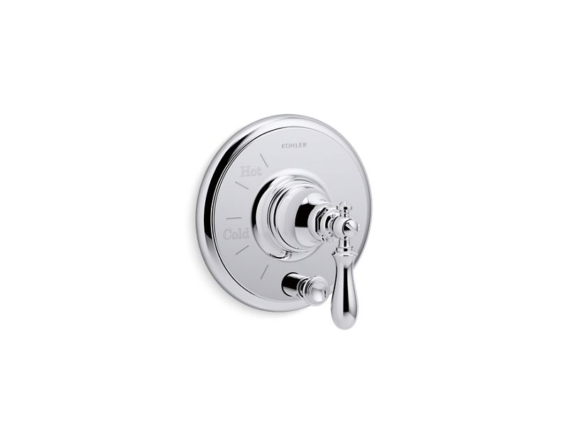KOHLER K-T72768-9M-CP Polished Chrome Artifacts Rite-Temp pressure-balancing valve trim with push-button diverter and swing lever handle