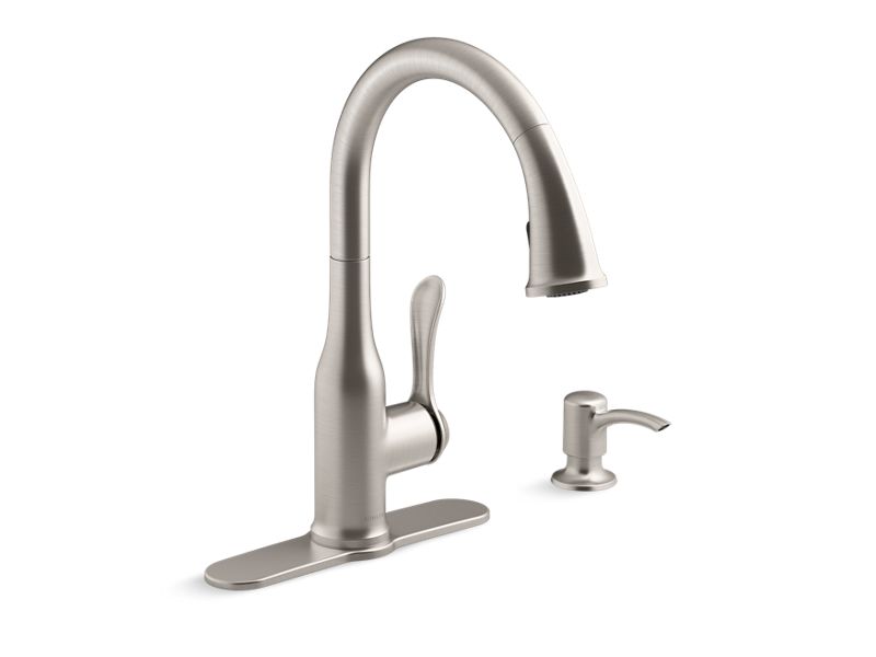 KOHLER K-R23863-SD-VS Vibrant Stainless Motif Pull-down kitchen faucet with soap/lotion dispenser