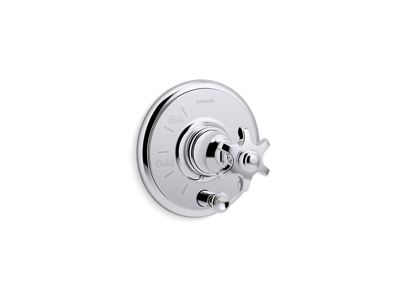 KOHLER K-T72768-3M-CP Polished Chrome Artifacts Rite-Temp pressure-balancing valve trim with push-button diverter and prong handle