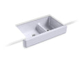 KOHLER K-6426-GRL Whitehaven 35-1/2" x 21-9/16" x 9-5/8" Smart Divide undermount double-bowl large/medium farmhouse kitchen sink with short apron