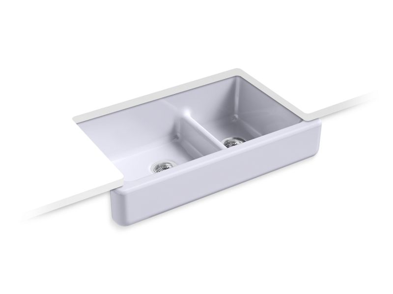 KOHLER K-6426-GRL Whitehaven 35-1/2" x 21-9/16" x 9-5/8" Smart Divide undermount double-bowl large/medium farmhouse kitchen sink with short apron