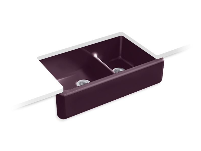 KOHLER K-6427-PLM Whitehaven 35-11/16" x 21-9/16" x 9-5/8" Smart Divide undermount double-bowl large/medium farmhouse kitchen sink with tall apron