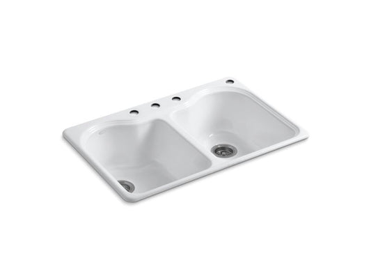 KOHLER K-5818-4-0 White Hartland 33" x 22" x 9-5/8" top-mount double-equal kitchen sink with 4 faucet holes
