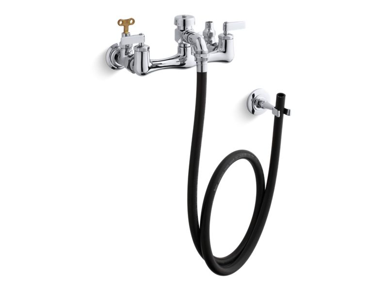 KOHLER K-8928-CP Double lever handle service sink faucet with loose-key stops, rubber hose, wall hook and lever handles