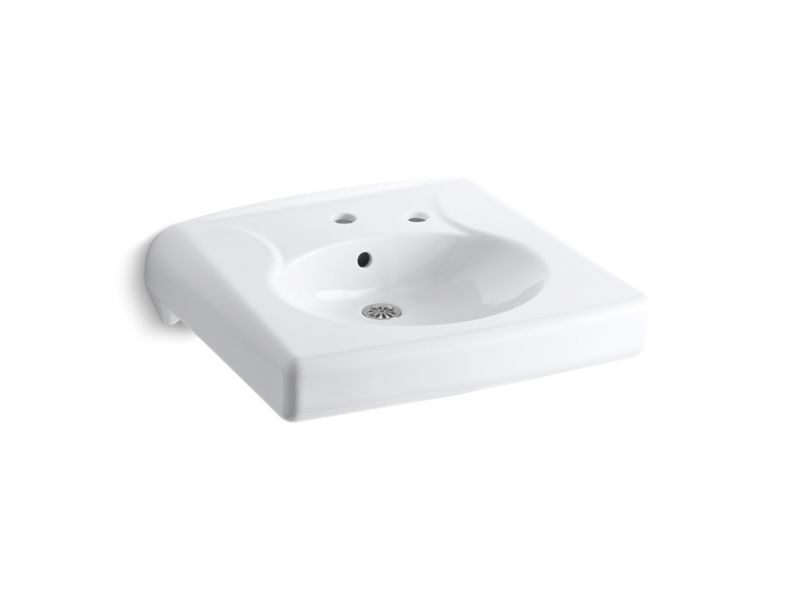 KOHLER K-1997-1R-0 White Brenham Wall-mount or concealed carrier arm mount commercial bathroom sink with single faucet hole and right-hand soap dispenser hole