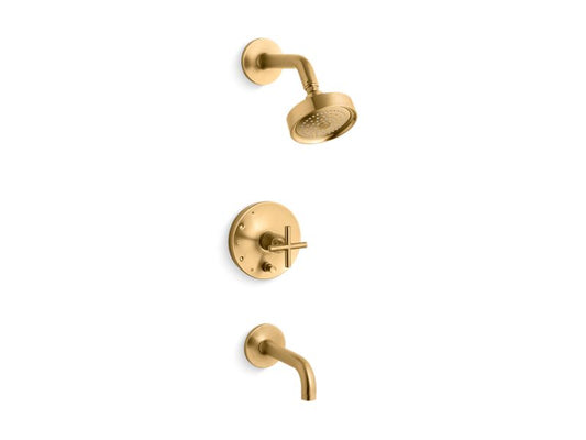 KOHLER K-T14421-3-2MB Vibrant Brushed Moderne Brass Purist Rite-Temp pressure-balancing bath and shower faucet trim with push-button diverter, 7-3/4" spout and cross handle, valve not included