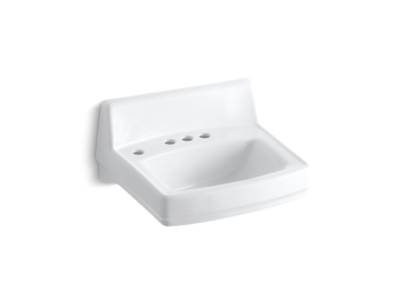 KOHLER K-2032-NL-0 White Greenwich 20-3/4" x 18-1/4" wall-mount/concealed arm carrier bathroom sink with 4" centerset faucet holes, no overflow and left-hand soap dispenser hole