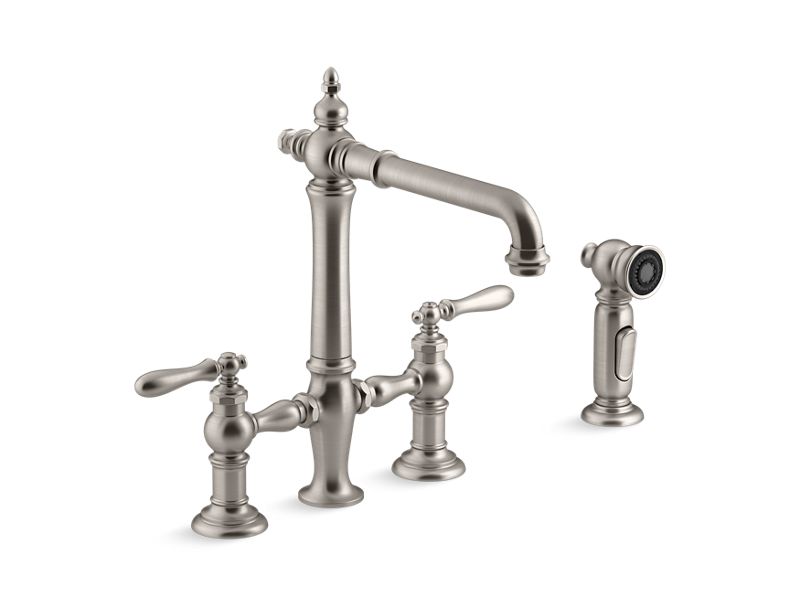 KOHLER K-76519-4-VS Vibrant Stainless Artifacts Two-hole bridge kitchen sink faucet with sidesprayer