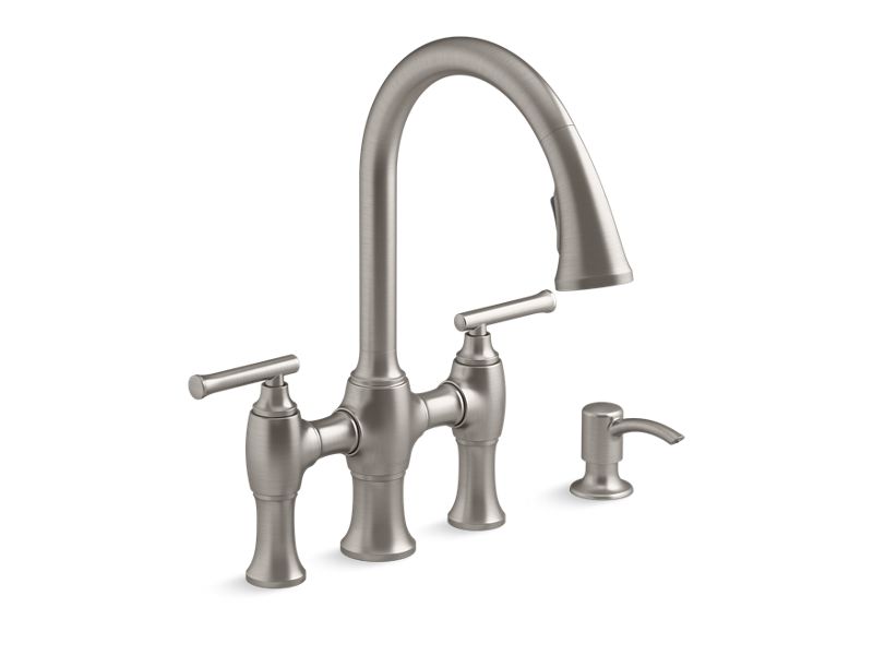 KOHLER K-R28705-SD-VS Vibrant Stainless Oresund Pull-down bridge kitchen sink faucet with soap/lotion dispenser