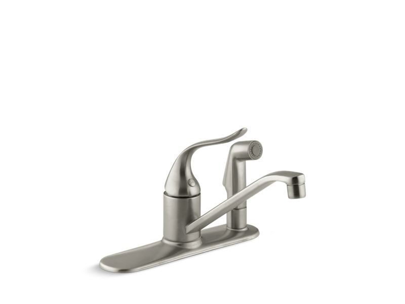 KOHLER K-15173-F-BN Coralais Three-hole kitchen sink faucet with 8-1/2" spout, matching finish sidespray through escutcheon and lever handle