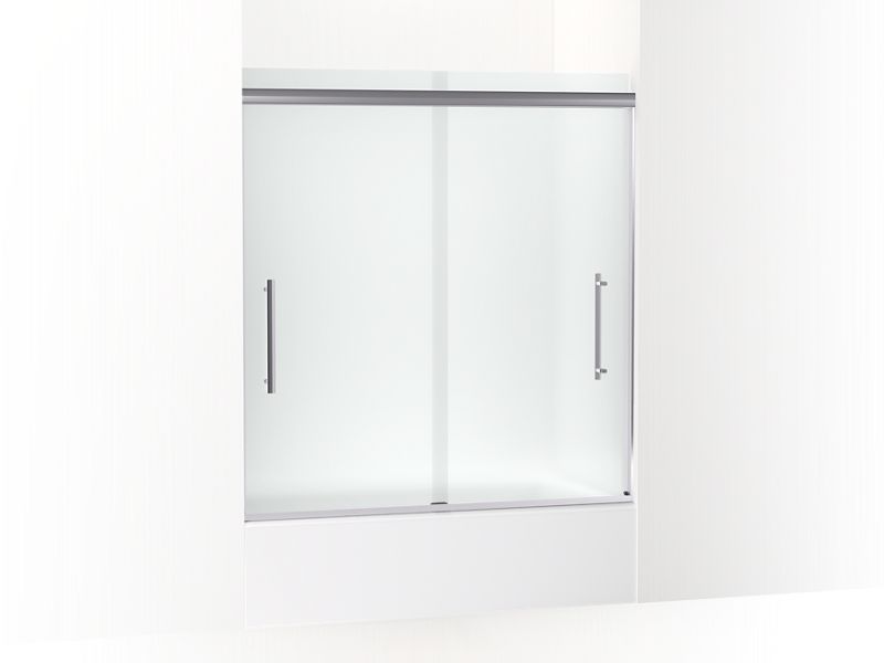 KOHLER K-707602-8D3-SHP Bright Polished Silver Pleat Frameless sliding bath door, 63-9/16" H x 54-5/8 - 59-5/8" W, with 5/16" thick Frosted glass
