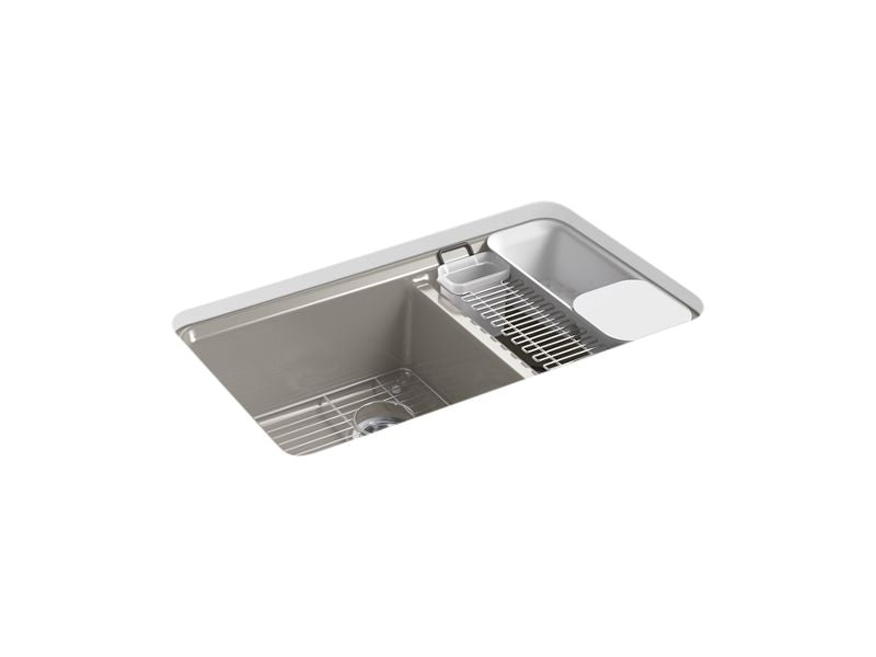 KOHLER K-8669-5UA3-K4 Riverby 33" x 22" x 9-5/8" undermount large/medium double-bowl workstation kitchen sink with accessories and 5 oversized faucet holes