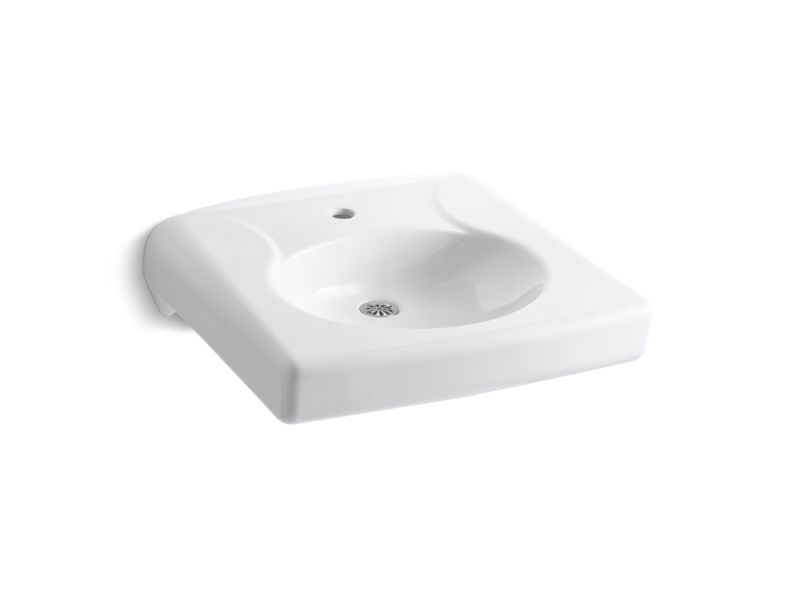 KOHLER K-1997-SS1N-0 White Brenham Wall-mount or concealed carrier arm mount commercial bathroom sink with single faucet hole and no overflow, antimicrobial finish
