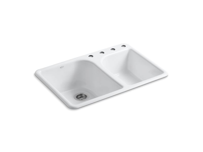 KOHLER K-5932-4-0 Executive Chef 33" x 22" x 10-5/8" top-mount large/medium, high/low double-bowl kitchen sink with 4 faucet holes