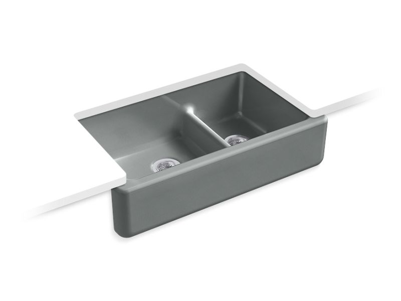 KOHLER K-6427-FT Whitehaven 35-11/16" x 21-9/16" x 9-5/8" Smart Divide undermount double-bowl large/medium farmhouse kitchen sink with tall apron