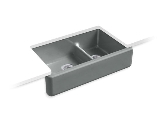 KOHLER K-6427-FT Whitehaven 35-11/16" x 21-9/16" x 9-5/8" Smart Divide undermount double-bowl large/medium farmhouse kitchen sink with tall apron
