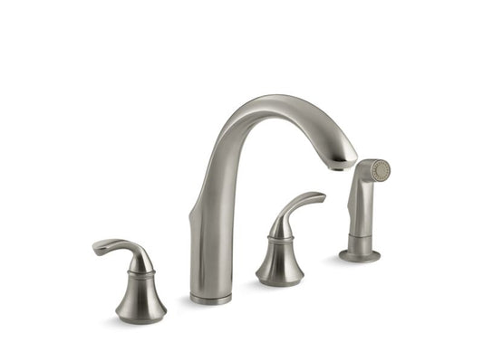 KOHLER K-10445-BN Forte 4-hole kitchen sink faucet with 7-3/4" spout, matching finish sidespray