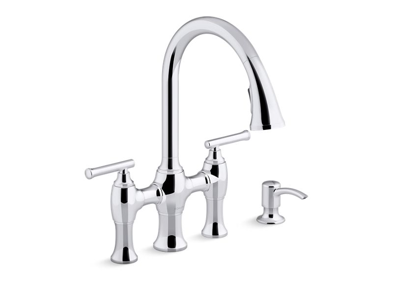 KOHLER K-R28705-SD-CP Polished Chrome Oresund Pull-down bridge kitchen sink faucet with soap/lotion dispenser