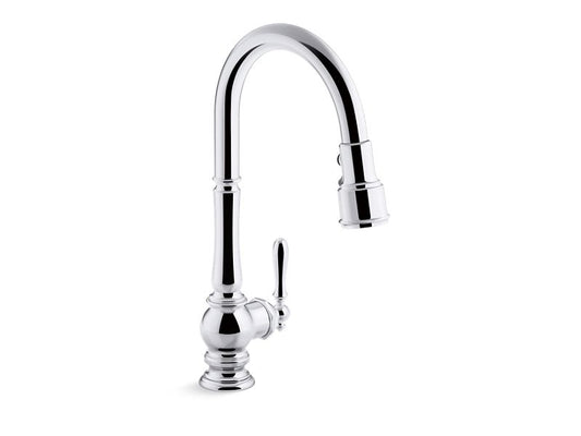KOHLER K-99259-CP Polished Chrome Artifacts Pull-down kitchen sink faucet with three-function sprayhead