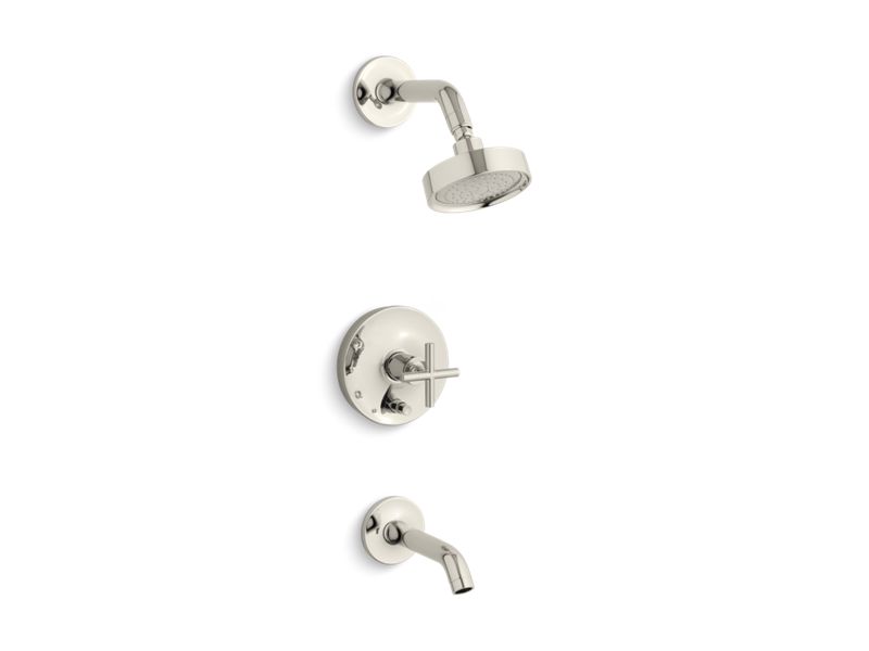KOHLER K-T14420-3-SN Vibrant Polished Nickel Purist Rite-Temp bath and shower trim with cross handle and 2.5 gpm showerhead
