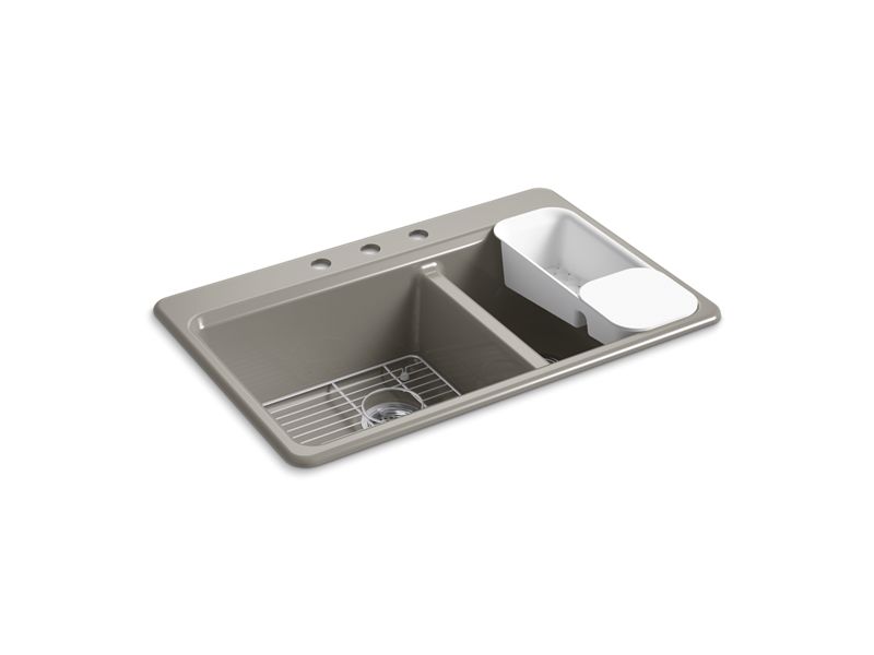 KOHLER K-8669-3A2-K4 Riverby 33" x 22" x 9-5/8" top-mount large/medium double-bowl workstation kitchen sink with accessories and 3 faucet holes