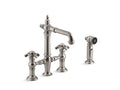 KOHLER K-76520-3M-VS Artifacts Deck-mount bridge bar sink faucet with prong handles and sidespray