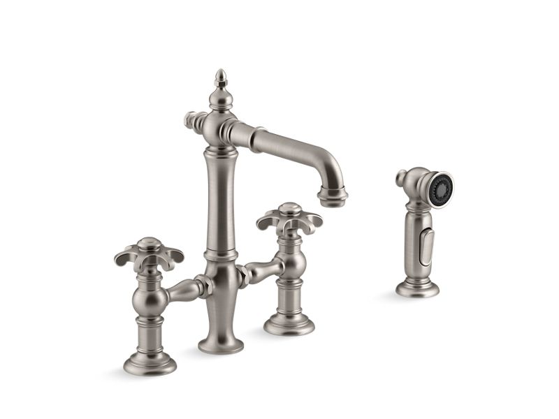 KOHLER K-76520-3M-VS Artifacts Deck-mount bridge bar sink faucet with prong handles and sidespray