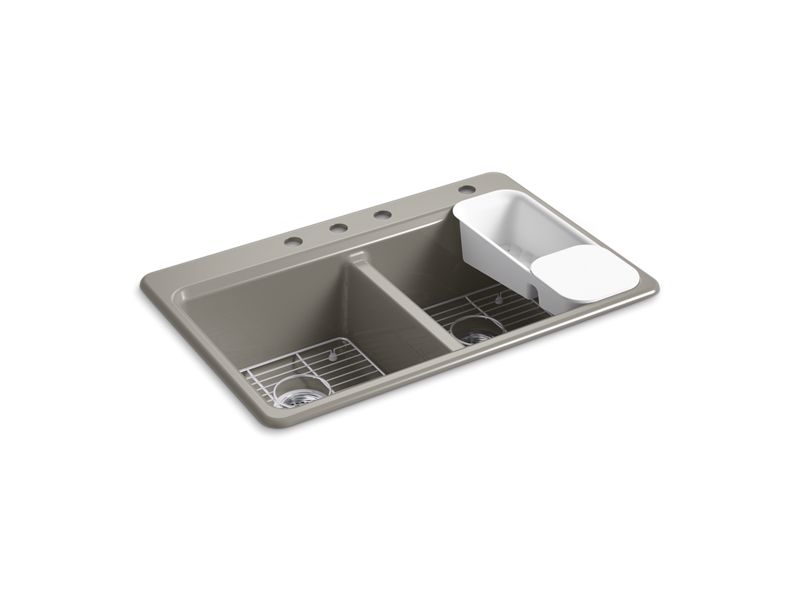 KOHLER K-8679-4A2-K4 Riverby 33" x 22" x 9-5/8" top-mount double-equal workstation kitchen sink with accessories and 4 faucet holes