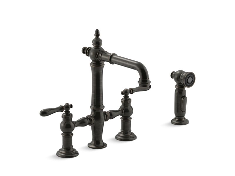 KOHLER K-76520-4-2BZ Oil-Rubbed Bronze Artifacts Two-hole bridge bar sink faucet with sidesprayer