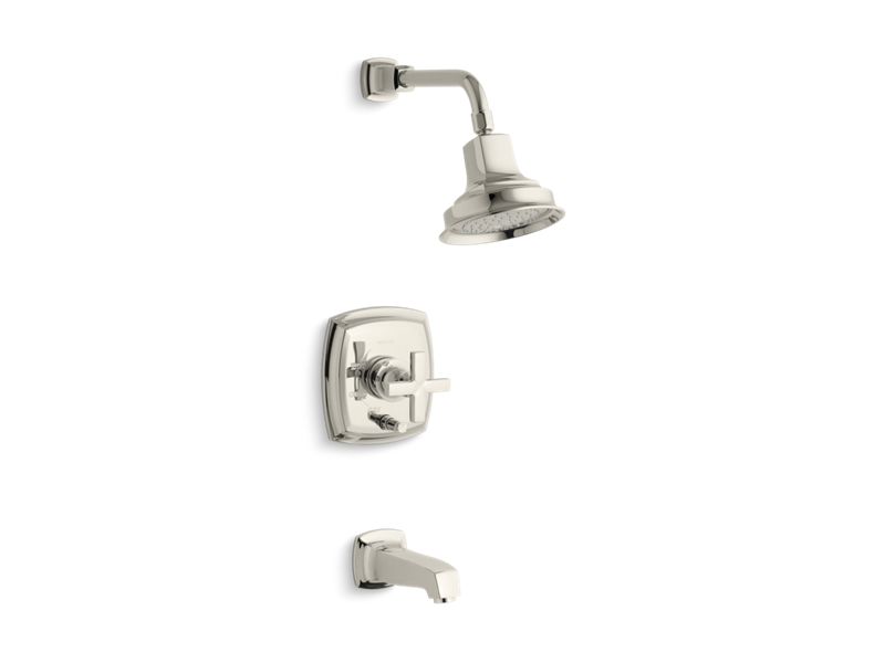 KOHLER K-T16233-3-SN Margaux Rite-Temp(R) pressure-balancing bath and shower faucet trim with push-button diverter and cross handle, valve not included
