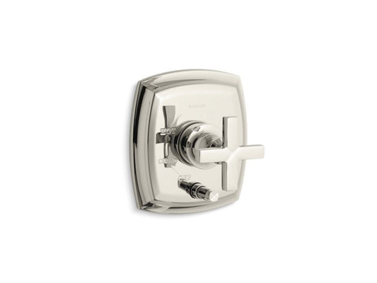 KOHLER K-T98759-3-SN Margaux Rite-Temp(R) pressure-balancing valve trim with push-button diverter and cross handles, valve not included