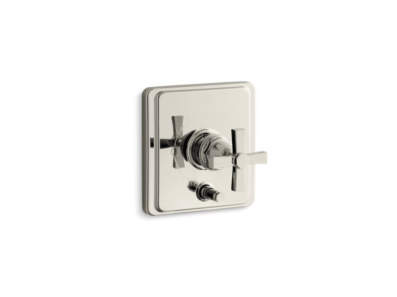 KOHLER K-T98757-3A-SN Vibrant Polished Nickel Pinstripe Rite-Temp pressure-balancing valve trim with diverter and plain cross handle, valve not included