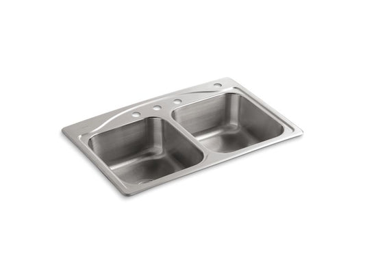 KOHLER K-3145-4-NA Cadence 33" x 22" x 8-5/16" top-mount double-equal kitchen sink with 4 faucet holes