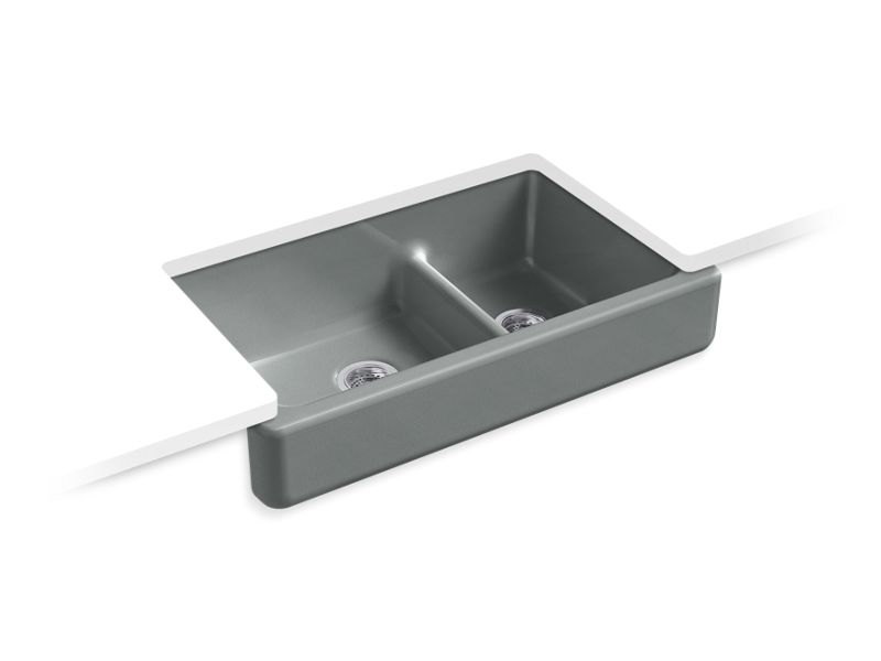 KOHLER K-6426-FT Whitehaven 35-1/2" x 21-9/16" x 9-5/8" Smart Divide undermount double-bowl large/medium farmhouse kitchen sink with short apron