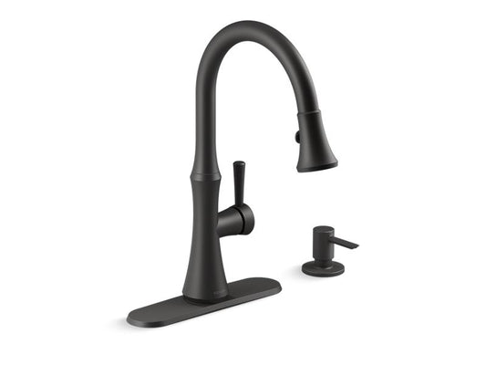 KOHLER K-R28706-SD-BL Matte Black Kaori Pull-down kitchen sink faucet with soap/lotion dispenser