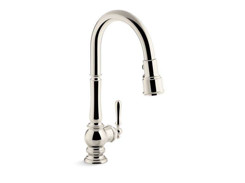 KOHLER K-99259-SN Vibrant Polished Nickel Artifacts Pull-down kitchen sink faucet with three-function sprayhead