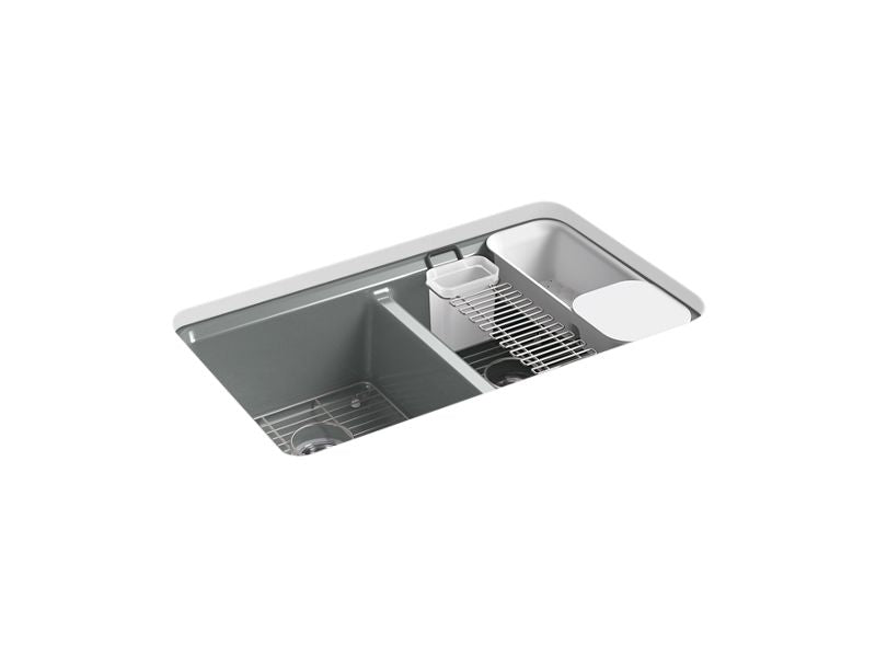 KOHLER K-8679-5UA3-FT Riverby 33" x 22" x 9-5/8" undermount double-equal workstation kitchen sink with accessories and 5 oversized faucet holes