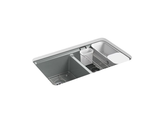 KOHLER K-8679-5UA3-FT Riverby 33" x 22" x 9-5/8" undermount double-equal workstation kitchen sink with accessories and 5 oversized faucet holes