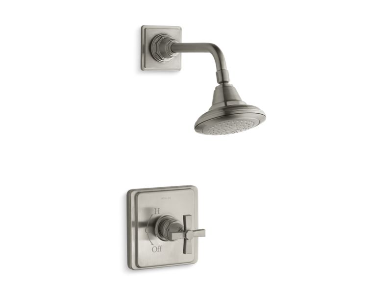 KOHLER K-TS13134-3A-BN Vibrant Brushed Nickel Pinstripe Pure Rite-Temp shower valve trim with cross handle and 2.5 gpm showerhead
