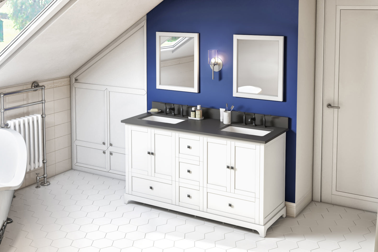 JEFFREY ALEXANDER VKITADD60WHGQR 60" White Addington Vanity, double bowl, Grey Quartz Vanity Top, two undermount rectangle bowls